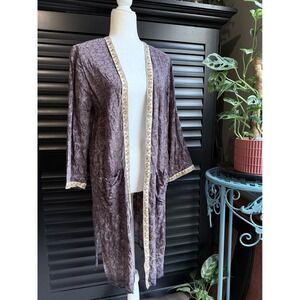 100% Silk Robe India Duster Kimono Neutral Mocha Taupe Large Pockets Embroidered